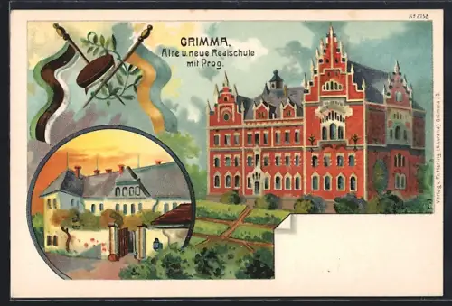 Künstler-AK Grimma, alte und neue Realschule