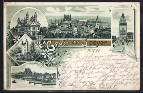 Lithographie Speyer, Schiffbrücke, Heidentürmchen, Dom, Altpörtel, Totalansicht