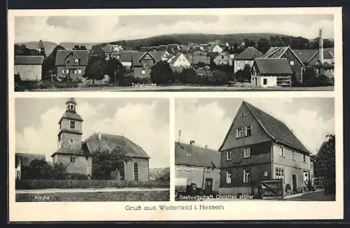 AK Wetterfeld / Hessen, Teilansicht des Ortes, Gastwirtschaft Christian Müller, Kirche