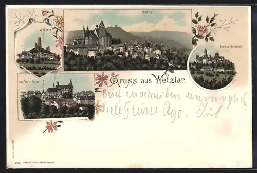 Lithographie Wetzlar, Schloss Braunfels, Ortsansicht, Verzberg, Dom