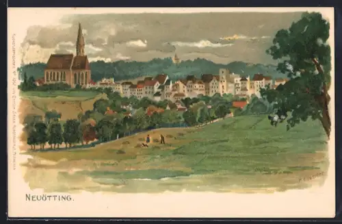 Künstler-AK Neuötting, Ortsansicht mit Kirche