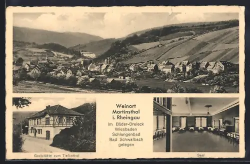 AK Martinsthal, Panorama, Gaststätte Tiefenthal Aussen- & Innenansicht, Bes. Fam. K. Diefenbach