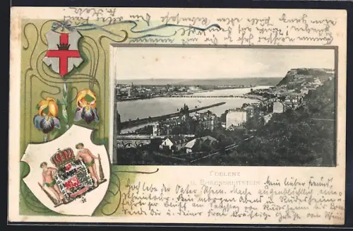 Passepartout-Lithographie Koblenz, Panorama mit Ehrenbreitstein, Wappen