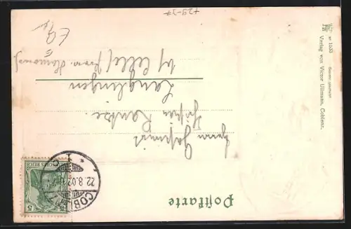 Passepartout-Lithographie Koblenz, Panorama mit Ehrenbreitstein, Wappen