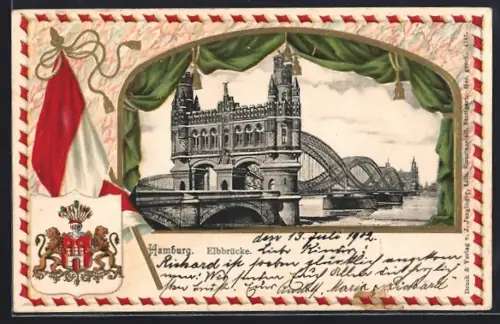 Passepartout-Lithographie Hamburg-Rothenburgsort, Elbbrücke mit Wappen