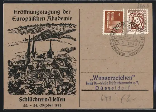 Künstler-AK Schlüchtern /Hessen, Eröffnungstagung der Europäischen Akademie 1948, Ortsansicht