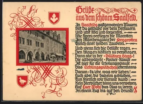 Passepartout-AK Saalfeld /Saale, Hotel Anker / Güldne Gans mit Strasse, Wappen, Gedicht
