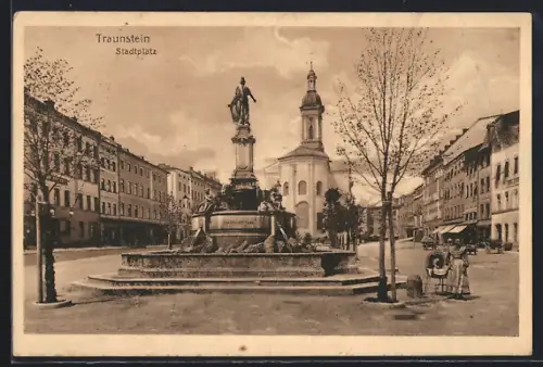 AK Traunstein, Kirche und Brunnen am Stadtplatz