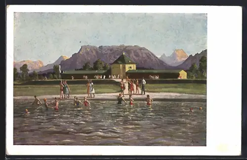 Künstler-AK Freilassing, Luft- und Schwimmbad mit Badegästen