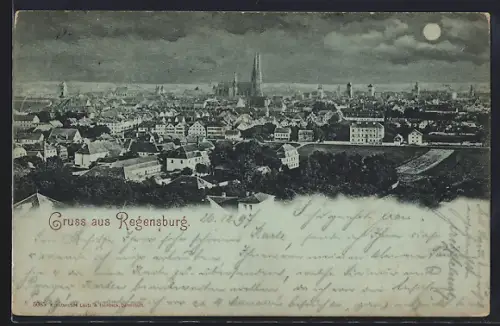 Mondschein-AK Regensburg, Stadtansicht aus der Vogelschau