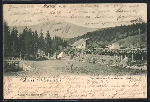 AK Eisenstein, Arber von Eisenstein aus, mit Gebäude und Pfahl-Bauwerk