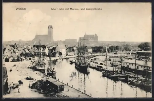 AK Wismar, Segelschiffe im alten Hafen mit Marien- und Georgenkirche