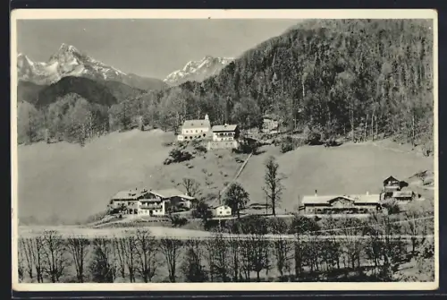 AK Berchtesgaden, Pension Seimler, Salzburgerstrasse, Ansicht mit Umgebung u. Bergpanorama aus der Vogelschau