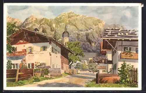 Künstler-AK Garmisch, Strassenpartie mit Königsstand und Kramer