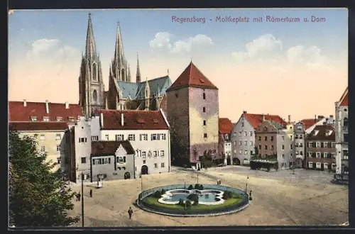 AK Regensburg, Moltkeplatz mit Römerturm und Dom