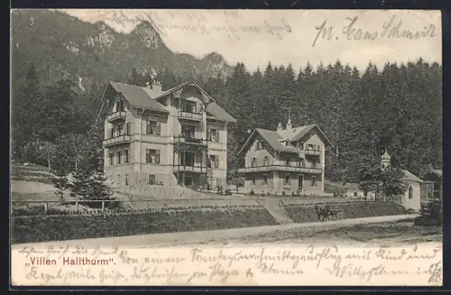 AK Hallthurm, Villen-Panorama mit Berggipfeln