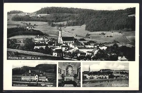AK Freyung, Ortsansicht aus der Vogelschau, Krankenhaus, Kapelle und Erholungsheim