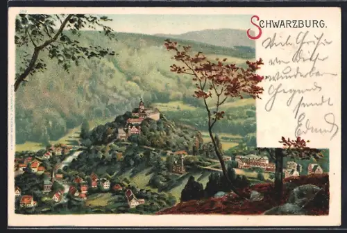 Lithographie Schwarzburg, Schloss und Ortsansicht im Tal