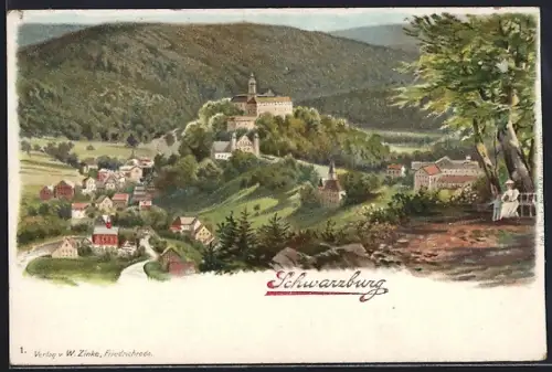 Lithographie Schwarzburg, Schloss, Ortsansicht
