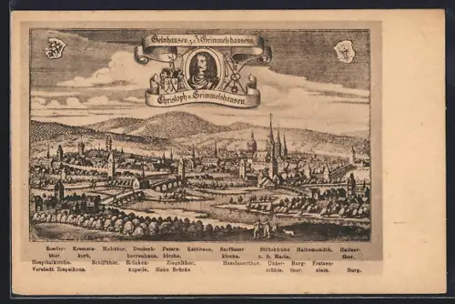 Lithographie Gelnhausen, Historische Ortsansicht