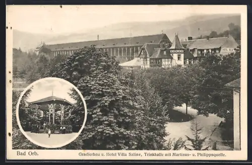 AK Bad Orb, Gradierbau, Hotel Villa Saline, Trinkhalle mit Martinus- und Philippsquelle