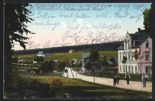 AK Steinbach b. Johanngeorgenstadt, Ortsansicht mit Häusern und Spaziergängern