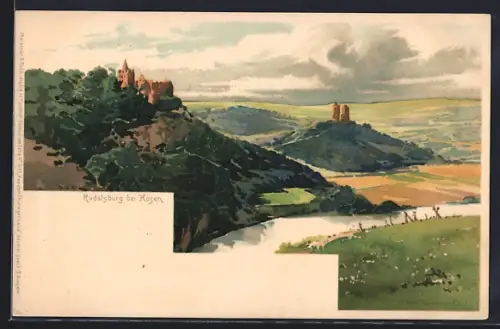 Lithographie Rudelsburg bei Kösen, Burgruine, Landschaft, Saale