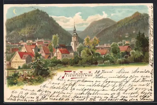 Lithographie Friedrichroda, Ortsansicht mit Kirche und umliegenden Bergen