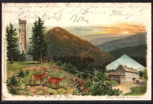 Lithographie Schneekopf, Aussichtsturm, Schutzhütte Schmücke