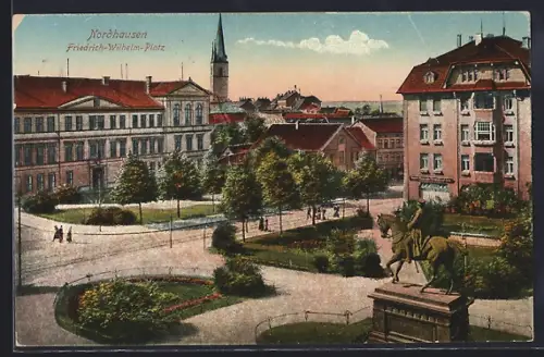 AK Nordhausen, Friedrich-Wilhelm-Platz, Reiterdenkmal, Stadtansicht
