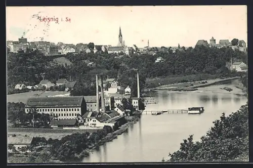 AK Leisnig i. Sa., Stadtansicht mit Fabrik, Kirche und Fluss