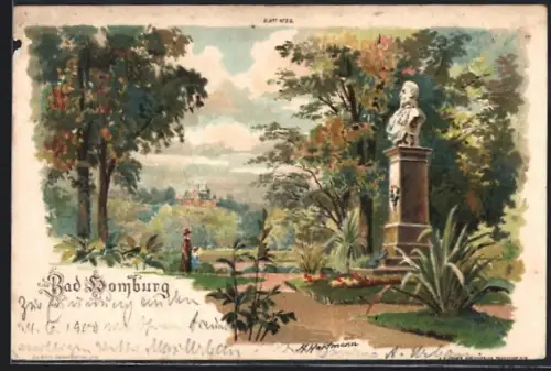 Lithographie Bad Homburg, Parkansicht mit Büste und Schloss im Hintergrund
