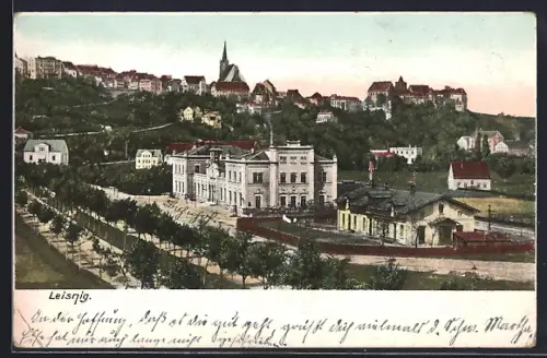 AK Leisnig, Stadtansicht mit Bahnhof und Kirche