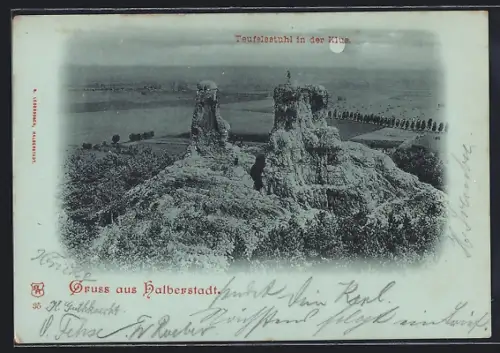 Mondschein-AK Halberstadt, Teufelsstuhl in der Klus