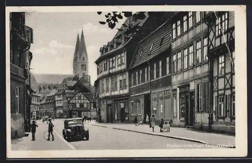 AK Halberstadt /Harz, Gröperstrasse, Fachwerkhäuser, Kirche