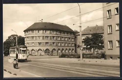 AK Halberstadt /Harz, Heinrich-Heine-Platz, Strassenbahn