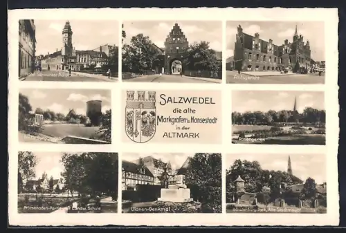 AK Salzwedel /Altmark, Hotel Schwarzer Adler, Stadttor, Amtsgericht, Ulanen-Denkmal