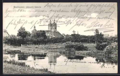 AK Seehausen /Altmark, Kirche, Flusslandschaft