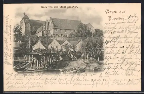 AK Havelberg, Dom von der Stadt gesehen, Brücke, Boote