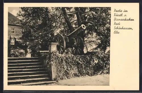 AK Schönhausen /Elbe, Partie im Fürstl. v. Bismarckschen Park, Kanone, Elbe