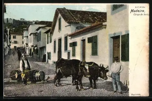 AK Madeira, Carro de bois, Ochsenschlitten mit Fässern