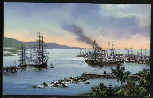 AK Ponta-Delgada /Azoren, Meerblick mit Schiffen