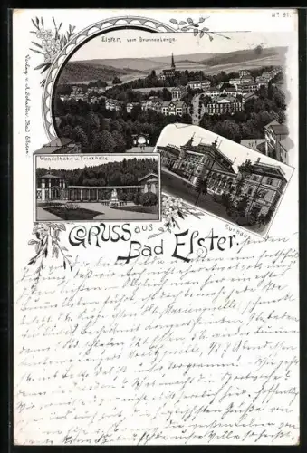 Lithographie Bad Elster, Ortsansicht vom Brunnenberge, Wandelbahn und Trinkhalle und Kurhaus