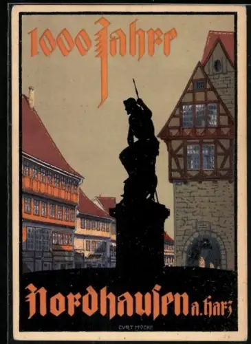 Künstler-AK Nordhausen a. Harz, Jahrtausendfeier, Fachwerkhäuser und Denkmal