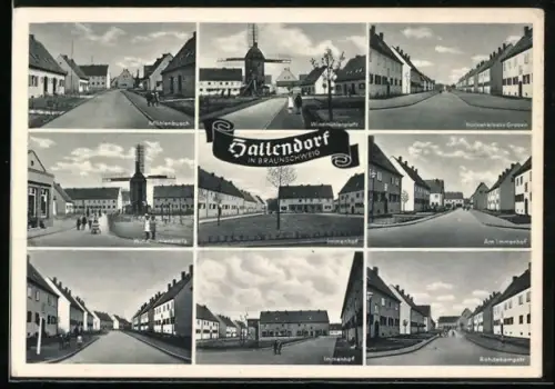 AK Hallendorf in Braunschweig, Ortspartien am Windmühlenplatz, Rohdekampstrasse und am Immenhof