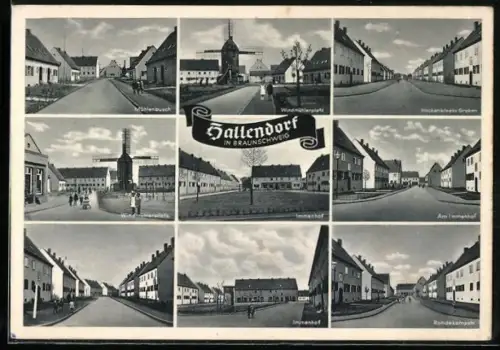 AK Hallendorf in Braunschweig, Ortspartien am Windmühlenplatz, Rohdekampstrasse und am Immenhof