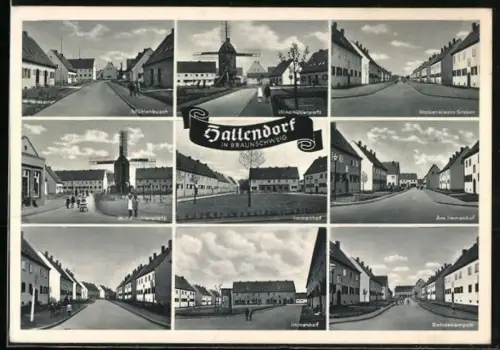 AK Hallendorf in Braunschweig, Ortspartien am Rohdekampstrasse, Windmühlenplatz und Hackenbleeks-Graben