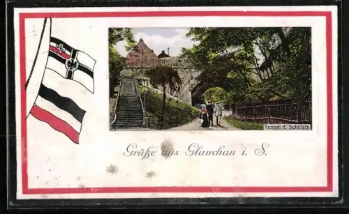 AK Glauchau i. S., Tunnel d. Schulstrasse, Reichskriegsflagge und Reichsflagge