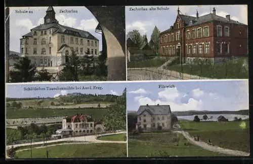 AK Zschorlau, Schule, Blick zur alten Schule, Filzteich und Schlösschen Tauschermühle