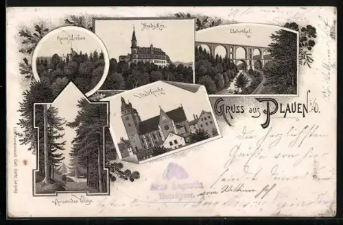 Lithographie Plauen i.V., Elsterthalbrücke, Hradschin, Stadtkirche